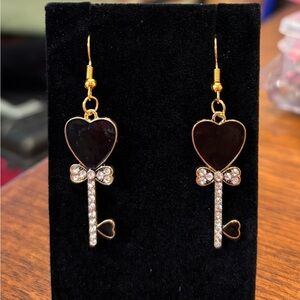 New valentine key black gold rhinestone Chic Heart Key Earrings photo has glare